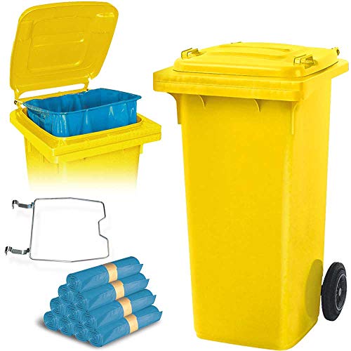 BRB 120 Liter Mülltonne gelb mit Halter für Müllsäcke, inkl. 250 Müllsäcke von BRB