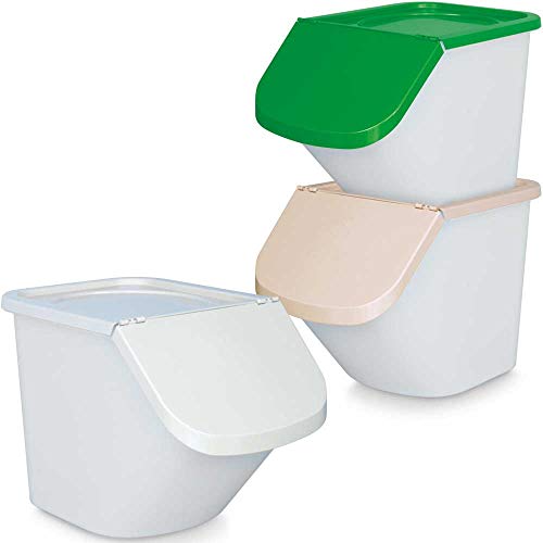 BRB 3X 40 Liter Zutatenbehälter mit Entnahmeklappe, stapelbar, Korpus weiß, Deckel beige/grün/weiß von BRB