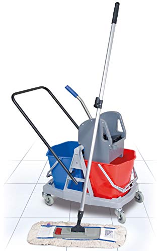 Komplett-Set 8-teilig, Reinigungswagen mit 2 Eimern 17 Liter, Mopppresse, Alu-Teleskopstiel, Mopp-Halter, Profi-Wischmopp von BRB