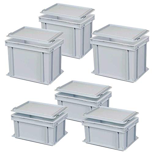 Set, 6 Euroboxen mit Deckel, Industriequalität, 3x LxBxH 300x200x150 mm, 3x 300x200x220 mm, grau von BRB