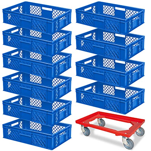 10 Eurobehälter, LxBxH 600x400x150 mm, Industriequalität, lebensmittelecht, blau + 1 Transportroller, rot von BRB