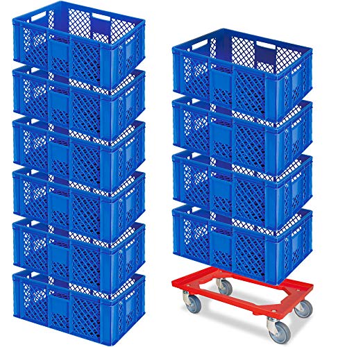 10 Eurobehälter, LxBxH 600x400x240 mm, Industriequalität, lebensmittelecht, blau + 1 Transportroller, rot von BRB