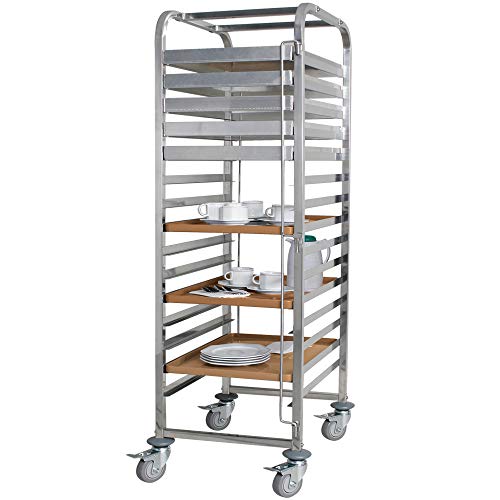 BRB Tablettwagen/Abräumwagen aus Edelstahl, für 15 Tabletts oder Backbleche, BxTxH 620x470x1735 mm, 4 Gummilenkrollen mit Feststellbremse von BRB