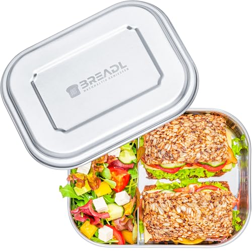 BREADL Edelstahl Brotdose, Feste Trennwand und 2 Fächer, Silikonfrei, Rostfrei, Spülmaschinenfest, Große 1400ml Lunchbox aus lebensmittelechtem Metall für Jugendliche und Erwachsene von BREADL