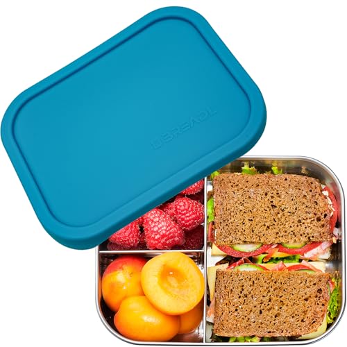 BREADL Edelstahl Brotdose, Feste Trennwand und 3 Fächer, Silikondeckel, Rostfrei, Spülmaschinenfest, Kleine 1000ml Lunchbox und Brotzeitbox aus lebensmittelechtem Metall für Kinder und Erwachsene von BREADL