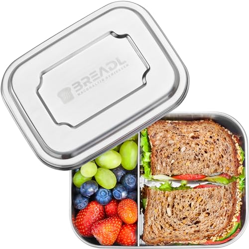 BREADL Edelstahl Brotdose, Feste Trennwand und 2 Fächer, Silikonfrei, Rostfrei, Spülmaschinenfest, Kleine 1000ml Lunchbox und Brotzeitbox aus lebensmittelechtem Metall für Kinder und Erwachsene von BREADL