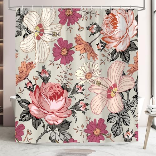 BREASOME Duschvorhang 180x180 cm Anti-Schimmel Duschvorhang Rosa Blumen Stoff Polyester Wasserdicht Badewanne Vorhang mit Ösen und 12 Haken von BREASOME