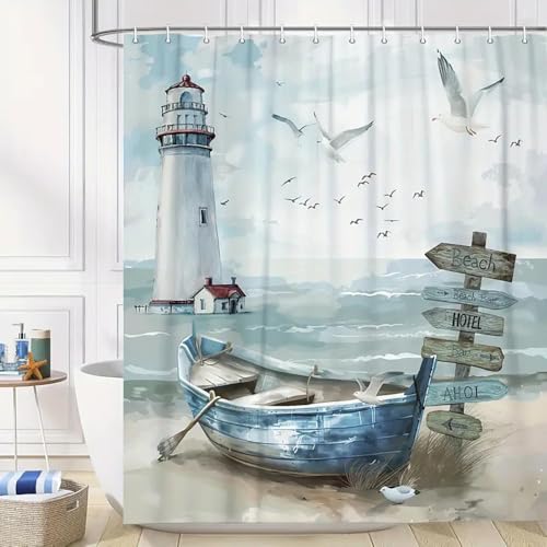 BREASOME Duschvorhang mit Strandmotiv und Leuchtturm und Möwen, wasserdicht, Polyester, 180 x 180 cm von BREASOME