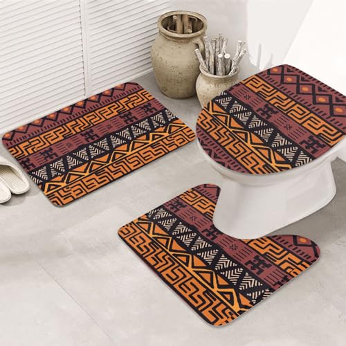 Afrikanische Schlammtuch Tribal rutschfeste Bodenmatte, Badezimmermatten-Set, 3-teiliges Teppich-WC-Deckelbezug, Bodenmatte, rutschfeste Matte von BREAUX