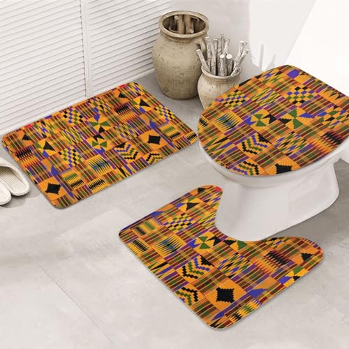 Afrikanische Tribal Ethnische Textur Rutschfeste Bodenmatte Badezimmermatten-Set 3-teiliges Teppich-WC-Deckelbezug Bodenmatte Anti-Rutsch-Matte von BREAUX