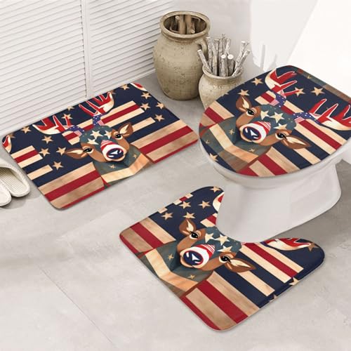 Amerikanische Flagge Hirsch rutschfeste Bodenmatte Badezimmermatten-Set 3-teiliges Teppich-WC-Deckelbezug Bodenmatte Anti-Rutsch-Matte von BREAUX