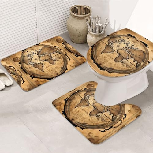 Antike Karte Weltkugel rutschfeste Bodenmatte Badezimmermatten-Set 3-teilig Teppich Toilettenbezug Abdeckung Bodenmatte Antirutschmatte von BREAUX