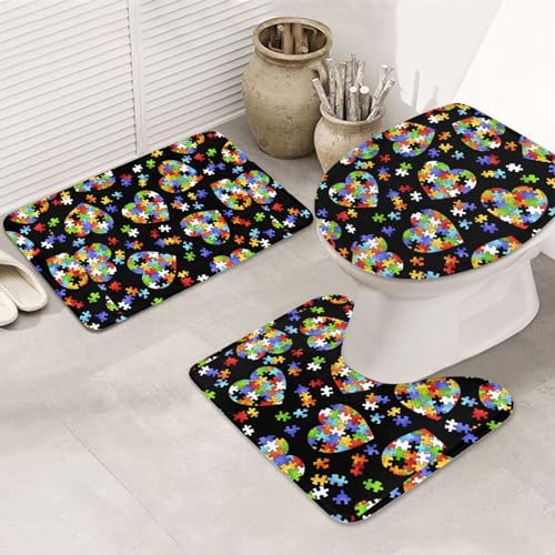 Autismus-Bewusstsein Puzzleteile Herz rutschfeste Bodenmatte Badezimmermatten-Set 3-teiliges Teppich-WC-Deckelbezug Bodenmatte Anti-Rutsch-Matte von BREAUX