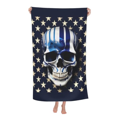 BREAUX Badetuch mit blauen Streifen und Sternen und Totenkopf-Aufdruck, saugfähiges Mikrofaser-Badetuch, Strandtuch für Erwachsene, schnell trocknendes Badetuch von BREAUX