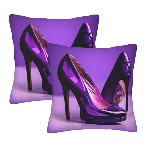 BREAUX Eleganter lila High Heels mit Lippenstift-Druck, quadratischer Kissenbezug, 2-teiliges Set, wendbare Plüsch-Kissenbezüge für Sofa, Bett, Dekoration von BREAUX