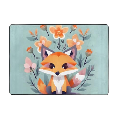 BREAUX Rutschfeste Bodenmatte mit niedlichem Fuchs-Blumendruck, Waschlappen, 203,2 x 147,3 cm, für Heimdekoration, Wohnzimmer usw von BREAUX