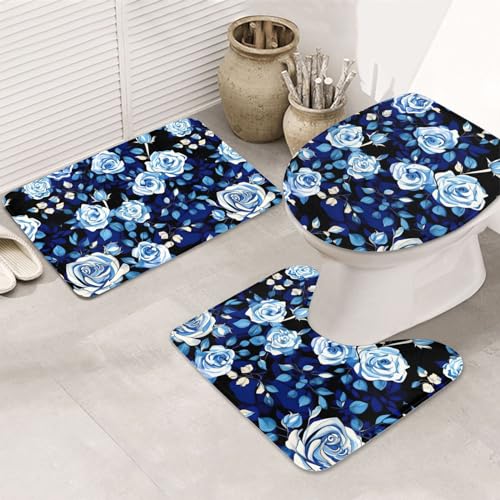 Blaue Blumen Muster Rosen rutschfeste Bodenmatte Badezimmermatten-Set 3-teilig Teppich Toilettenbezug Abdeckung Bodenmatte Anti-Rutsch-Matte von BREAUX