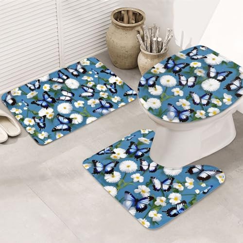 Blaue Schmetterlinge weiße Blumen rutschfeste Bodenmatte Badezimmermatten-Set 3-teilig Teppich Toilettenbezug Abdeckung Bodenmatte rutschfeste Matte von BREAUX