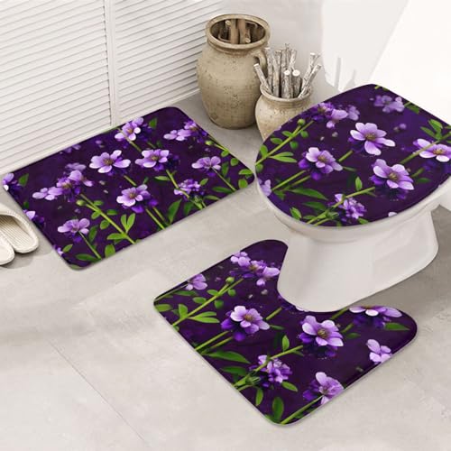 Blooming Lila Blumen rutschfeste Bodenmatte Badezimmermatten-Set 3 Stück Teppich Toilettenbezug Abdeckung Bodenmatte Anti-Rutsch-Matte von BREAUX