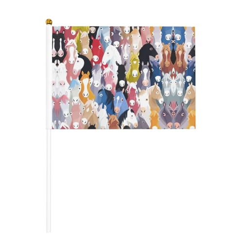 Bunte Cartoon-Pferde-Druck, doppelseitige Handflagge, lebendige Farben, für Sportturniere und Spiele von BREAUX