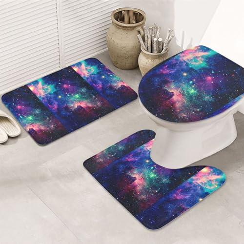 Bunte Galaxie-rutschfeste Bodenmatte, Badezimmermatten-Set, 3-teilig, Teppich, WC-Abdeckung, Bodenmatte, rutschfeste Matte von BREAUX