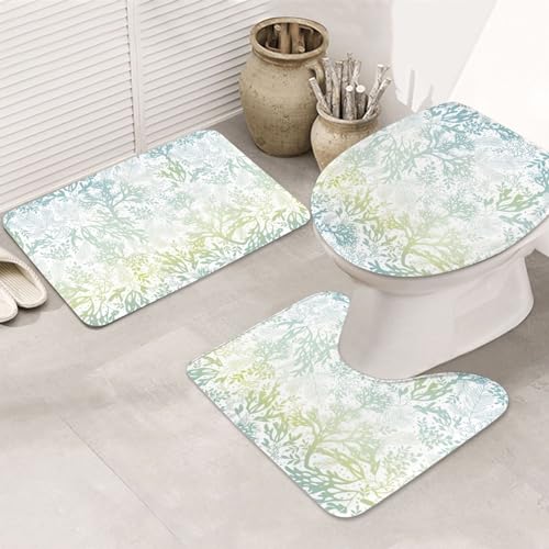 Green Sea Blue Seaweed rutschfeste Bodenmatte Badezimmermatten-Set 3-teiliges Teppich-WC-Deckelbezug Bodenmatte Anti-Rutsch-Matte von BREAUX