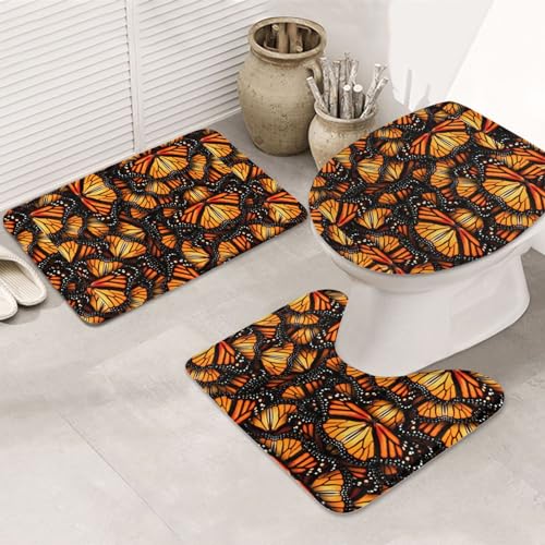 Heaps of Orange Monarch Schmetterlinge rutschfeste Bodenmatte Badezimmermatten-Set 3-teiliges Teppich-WC-Deckelbezug Bodenmatte Anti-Rutsch-Matte von BREAUX