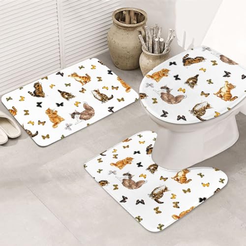 Katze, Schmetterling, rutschfeste Bodenmatte, Badezimmermatten-Set, 3-teilig, Teppich, WC-Abdeckung, Bodenmatte, rutschfeste Matte von BREAUX