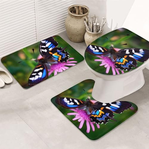 Rutschfeste Bodenmatte mit bunten Schmetterlingen, Badezimmermatten-Set, 3-teilig, Teppich, WC-Abdeckung, Bodenmatte, rutschfeste Matte von BREAUX
