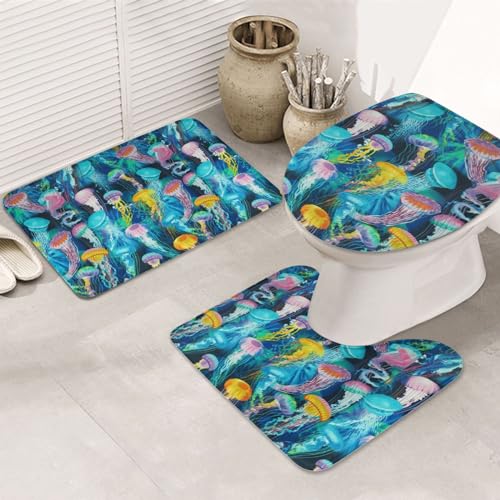 Rutschfeste Bodenmatte mit farbigen Quallen, Badezimmermatten-Set, 3-teilig, Teppich, WC-Abdeckung, Bodenmatte, rutschfeste Matte von BREAUX