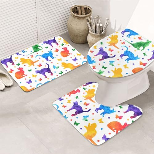 Schmetterling Polka Dot und Katze rutschfeste Bodenmatte Badezimmermatten Set 3 Stück Teppich Toilettenbezug Abdeckung Bodenmatte Antirutschmatte von BREAUX