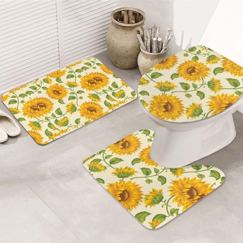 Schöne gelbe Sonnenblume rutschfeste Bodenmatte, Badezimmermatten-Set, 3-teiliges Teppich, WC-Abdeckung, Bodenmatte, rutschfeste Matte von BREAUX