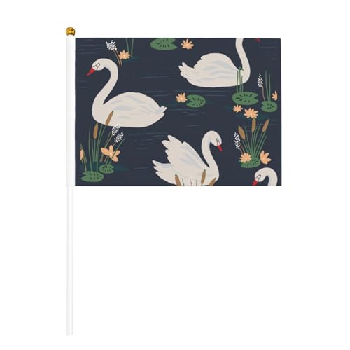 Schöne weiße Schwäne auf dem See, doppelseitige Handflagge, lebendige Farben, für Sportturniere und Spiele von BREAUX