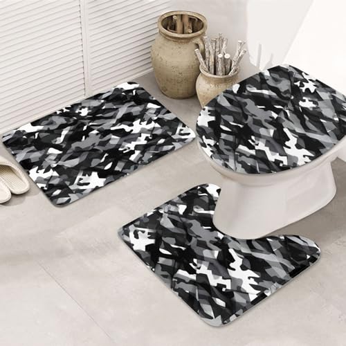 Schwarz Grau Weiß Camo rutschfeste Bodenmatte Badezimmermatten-Set 3-teilig Teppich Toilettenbezug Abdeckung Bodenmatte Anti-Rutsch-Matte von BREAUX