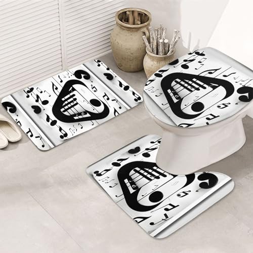 Schwarz und Weiß Musiknote rutschfeste Bodenmatte Badezimmermatten-Set 3-teilig Teppich Toilettenbezug Abdeckung Bodenmatte Anti-Rutsch-Matte von BREAUX