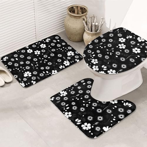 Schwarze und weiße Fußmatte mit Blumendruck, rutschfeste Bodenmatte, Badezimmermatten-Set, 3-teilig, Teppich, WC-Abdeckung, Bodenmatte, rutschfeste Matte von BREAUX