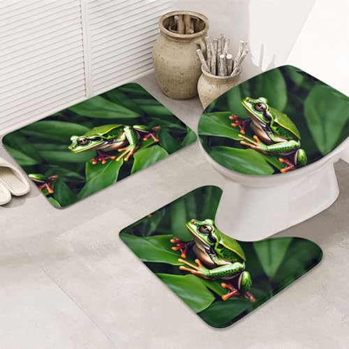 Tierfrosch Grünes Blatt Blätter rutschfeste Bodenmatte Badezimmermatten-Set 3-teilig Teppich Toilettenbezug Abdeckung Bodenmatte Anti-Rutsch-Matte von BREAUX