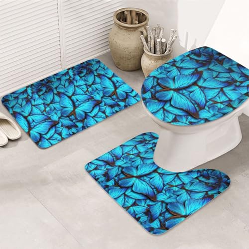 Viele blaue Schmetterlinge rutschfeste Bodenmatte Badezimmermatten-Set 3-teilig Teppich Toilettenbezug Abdeckung Bodenmatte Antirutschmatte von BREAUX