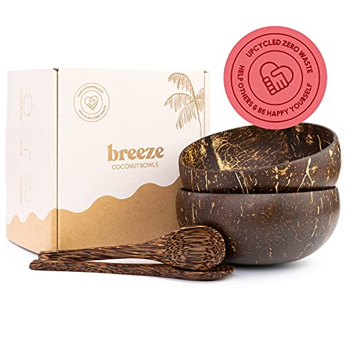 breeze Kokosnuss Schale | Set aus 2 Bowl Schüsseln mit Holzlöffel | Coconut Bowl | Vegane Schüssel | Buddha Bowl | Acai Bowl | Bowl Set | Holzschale | Handgefertigtes Naturprodukt | 100% Natürlich von breeze