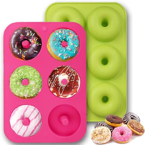 BREEZO Silikon-Donut-Formen, 2 Stück 6-Mulden, Donut-Formen, antihaftbeschichtet, lebensmittelechtes Silikon, Donut-Backset, flexible Silikon-Donut-Form, Bagels-Backform, Grün und Rosa von BREEZO