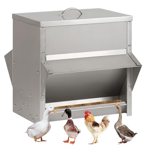 BREUAILY 25kg Automatischer Hühnerfütterer Metall Geflügelfütterer mit Deckel und Stopfen Kein Abfall Hühnerfuttertrog Wetterfester Outdoor Schwerkraftfütterer für Hühner Ente Geflügel von BREUAILY