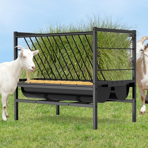 BREUAILY Heuraufe Pferd Metall Groß Heu & Getreide Futterraufe Heavy-Duty Ohne Abfall Freistehende Ziegen Heuraufe Futterspender für Schafe Ziegen Pferde Vieh 107*65*90cm von BREUAILY