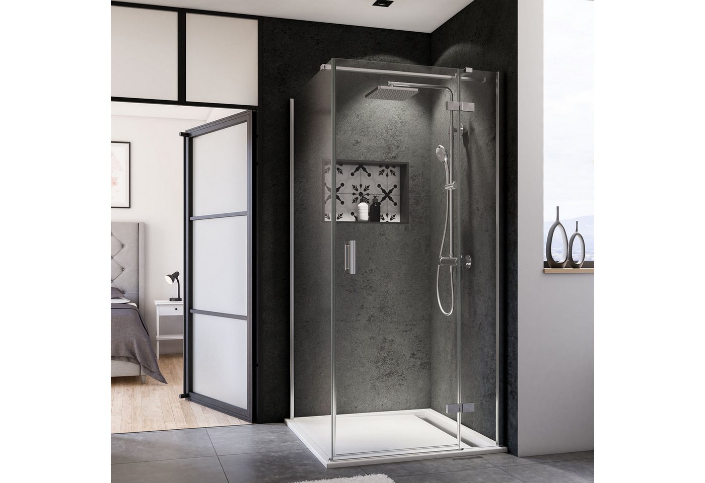 BREUER Dusch-Schiebetür Panorama Drehtür + Festteil (Anschlag rechts) für Seitenwand 900 mm von BREUER