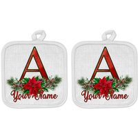 Personalisierte Topflappen Und Set Benutzerdefinierter Name Weihnachten Poinsettia Monogramm Buchstabe Leinen von BRGiftShop