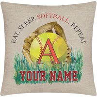 Personalisierter Kissenbezug Name Eat Sleep Play Softball Monogramm Buchstabe 15.75x15.75 Zoll Leinen - Ohne Einlage von BRGiftShop