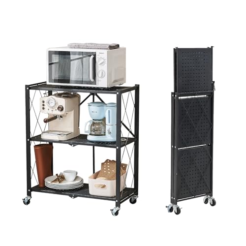BRIAN & DANY Klappbares Regal mit Rollen, 3 Etagen Faltbare Schwerlastregal, Metallregal Schwarz, Lagerregal, Klappregal für die Küche, Büro, 71x 33x 87 cm von BRIAN & DANY