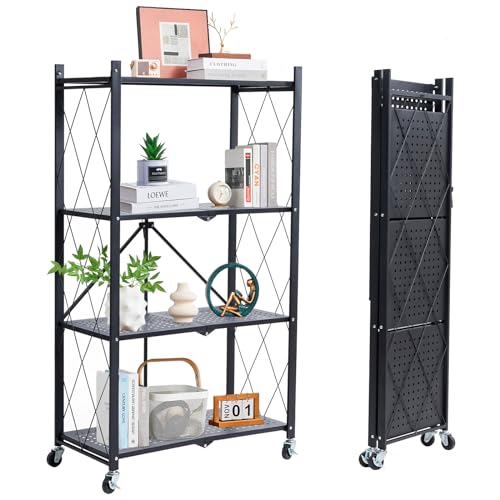 BRIAN & DANY Klappbares Regal mit Rollen, 4 Etagen Faltbare Schwerlastregal, Metallregal Schwarz, Lagerregal, Klappregal für die Küche, Büro, 71x 34x 126 cm von BRIAN & DANY