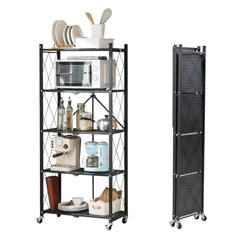 BRIAN & DANY Klappbares Regal mit Rollen, 5 Etagen Faltbare Schwerlastregal, Metallregal Schwarz, Lagerregal, Klappregal für die Küche, Büro, 65 x 33 x 150 cm von BRIAN & DANY