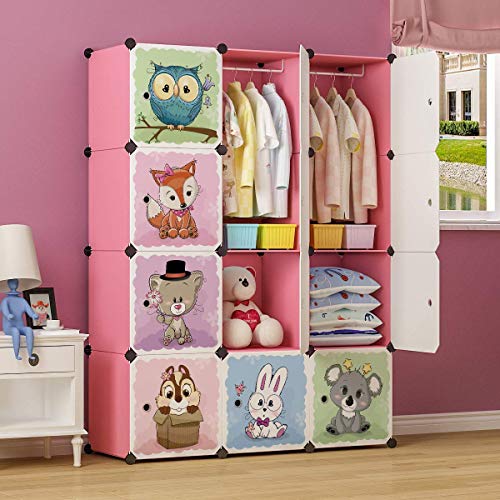 BRIAN & DANY Erweiterbares Kinderregal Kinder Kleiderschrank Stufenregal Bücherregal mit Türen & 2 Aufhängern, Tiefere Fächer als Normal (45 cm vs. 35 cm), 110 x 47 x 147 cm, Rosa von BRIAN & DANY