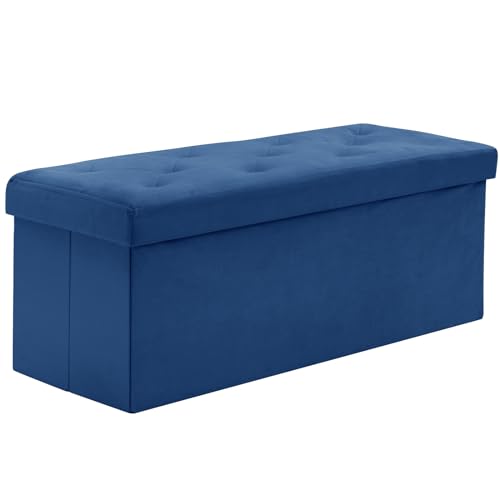 BRIAN & DANY Sitzbank mit Stauraum 110x 40x 40 cm, Faltbarer Sitzhocker Samtstoff Sitztruhen mit Deckel, Aufbewahrungsbox Zum Sitzen für Wohnzimmer Schlafzimmer Flur, Blau von BRIAN & DANY